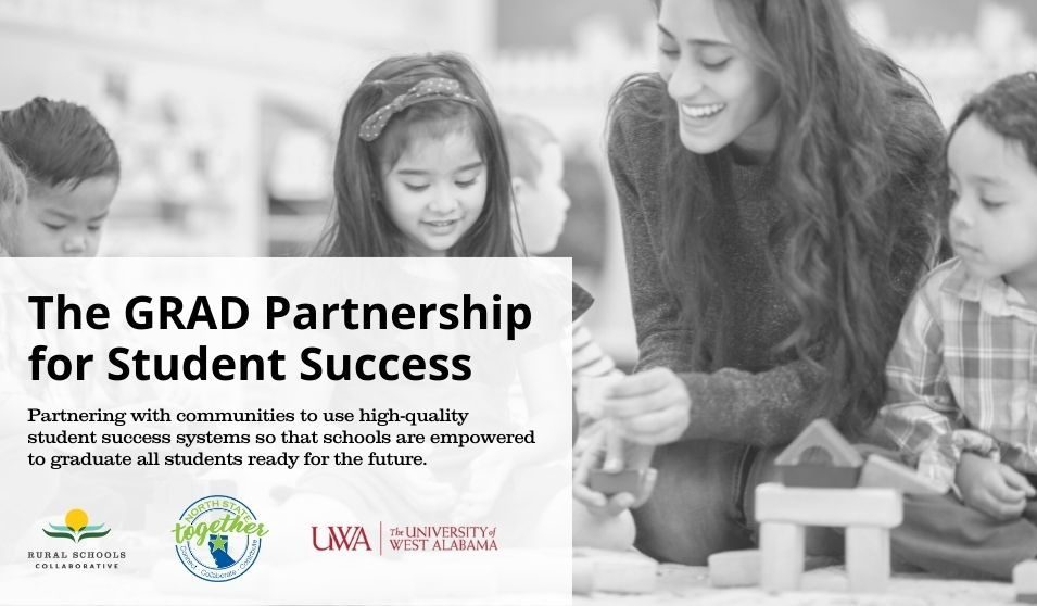 Teacher and students, "The GRAD Partnership for Student Success; Partnering with communities to use high-quality student success systems so that schools are empowered to graduate all students ready for the future." RSC Logo, NST logo, UWA logo