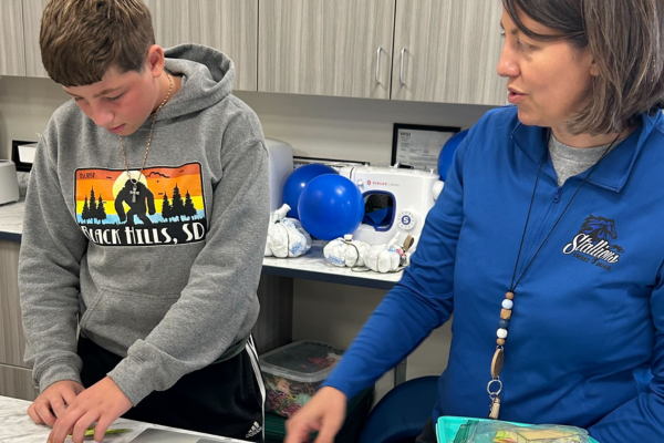 Mary McHugh working with Antone on a project